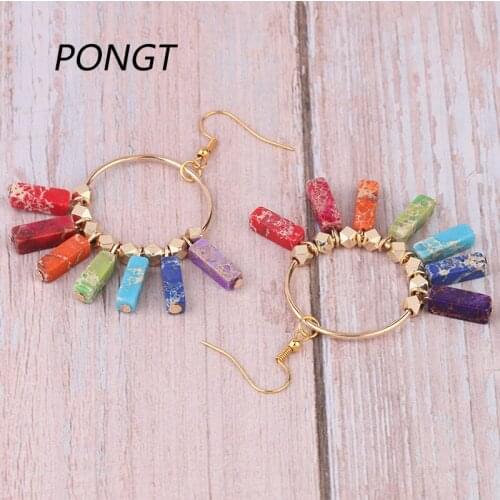 PONGT Rectangle Circle Dangle Earrings Seven Chakras Rainbow Colors Stone Drop Earring For Women Fashion Charms Party Jewelry
