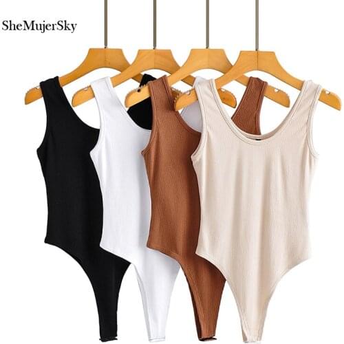 SheMujerSky Sexy High Split Bodysuits Women Knitted Elastic Slim Sleeveless Cotton Bodysuit 2021 Solid Color Jumpsuit