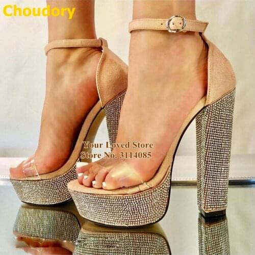 Choudory Bling Bling Crystal Chunky Heels Beige Suede Buckle Strap Sandals Clear PVC Strap Nightclub Dress Pumps Size46 Dropship