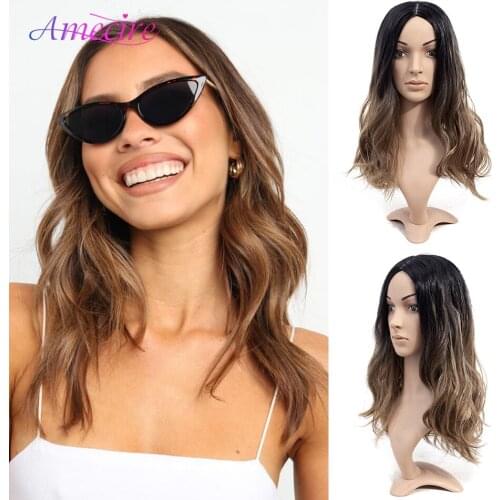 Synthetic Long Wave Wigs For Women Girls Ombre Black To Brown Natural Wave Wig Natural Looking Heat Resistant Fiber