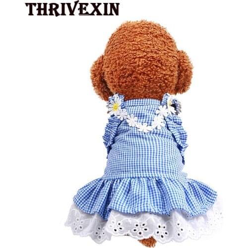 Pet Clothes Plaid Party Dress Flower Sleeveless Vest Shirt Skirt Sex Girl Princess Dress Flower Mini Blue Lattice Sun Lace Skirt