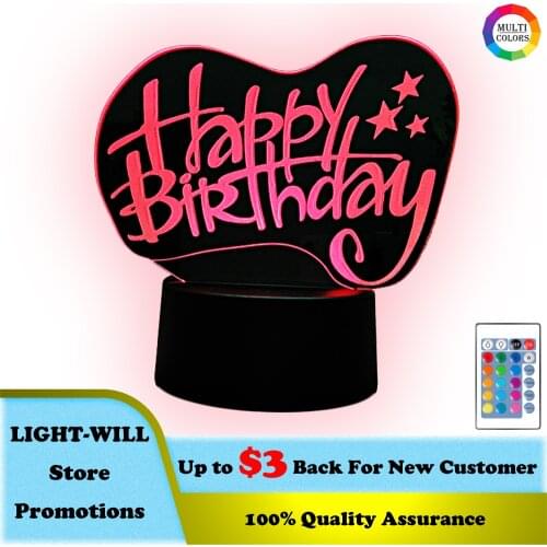 Happy Birthday 3D Night Light Colorful Changing Party Atmosphere Home Room Bedroom Decor Sensor Lamp For Child Girl Friend Gift