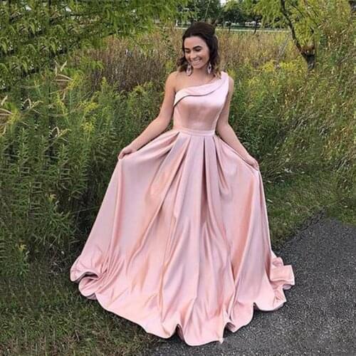 One Shoulder A-Line Evening Dresses Sleeveless Blush Pink Prom Gowns Back Zipper Tiered Ruffle Sweep Train Back Zipper Formal