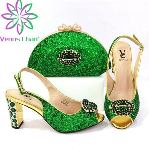 Green Color Nigerian 2021 New Italian Design Fashion Metal and Platform Style High Heels Party Wedding Ladies Shoes and Bag Set