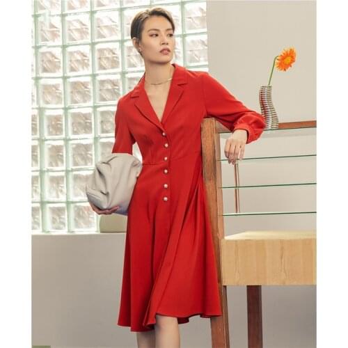 INMAN Spring Literary Retro Office Minimalist A Line Beaded Buttons Design Mid Waist Women Knee Length Dress