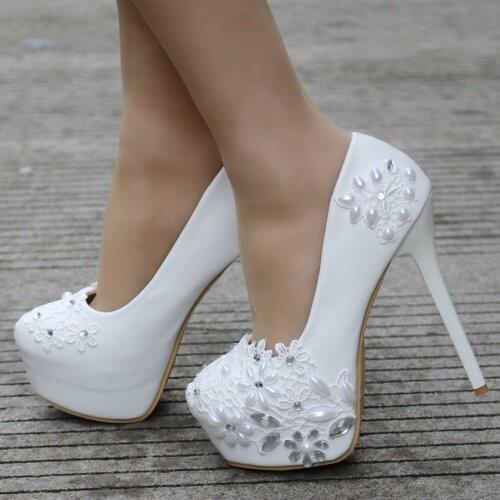 Womens High Heels White Lace Wedding Shoes Sexy Bride Party crystal shoes Handmade big size Bridal shoes 789