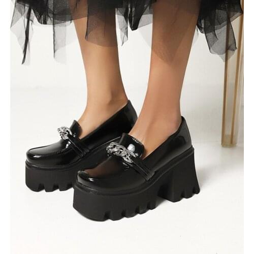 Thick Square Chunky Heels Goth Shoes Women High Heels Platform Gothic Shoes Pumps Square Toe Metal Chain Punk Street Pumps Shoe