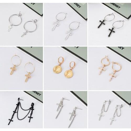 New Fashion Vintage Silver Color Cross Hoop Earrings For Women Statement Simple Carved Portrait Drop Earrings 2021 Trend Jewelry