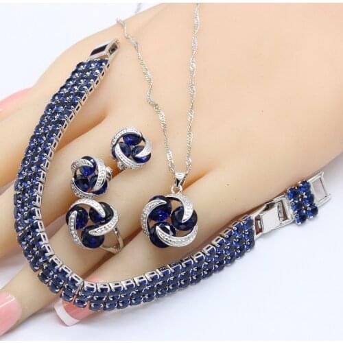 Silver Color Bridal Jewelry Sets For Women Round Dark Blue Crystal Bracelet Stud Earrings Necklace Pendant Rings Free Gift Box