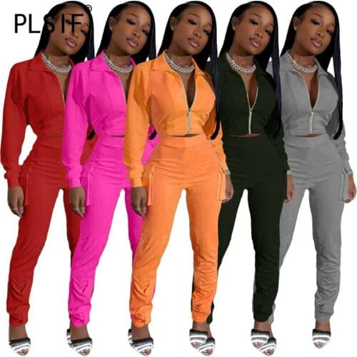 Women Turn Down Collar Tracksuit Long Sleeve Solid 2 Pieces Crop Top And Long Pant Outfits Lady Matching Suit