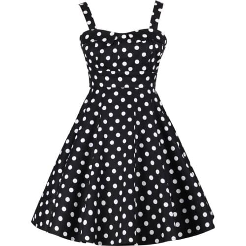 Womens Designer Boutique Vintage Retro Sleeveless A-Line Dress Female Black White Dot Print Spaghetti Strap Mini Dresses
