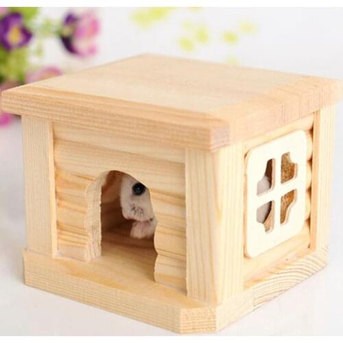 1 Pc Cute Natural Wooden Cabin Hamster House Flat Roof Pet Playing Toy Cage Ornament Log Yellow One-story Cottage With Windows