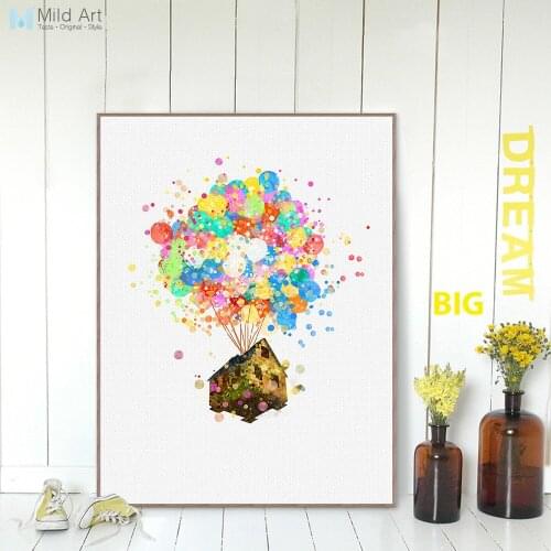 Watercolor Modern 3D Cartoon Movie Up Balloon Fly House Canvas A4 Art Print Poster Wall Picture Kids Room Deco Painting Custom