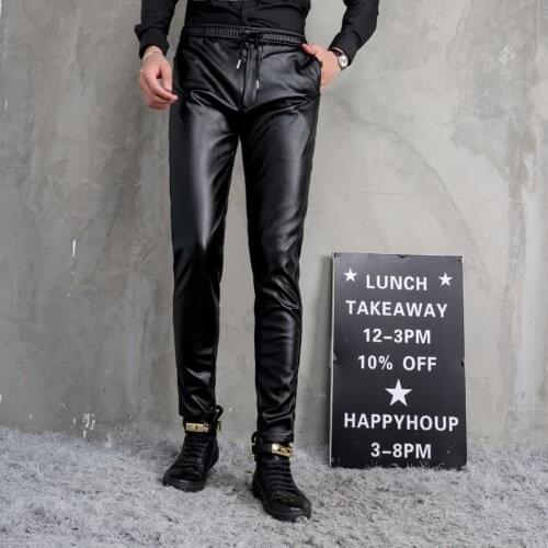 Brother Meng Casual Leather Pants Men Black Elastic Waist Tappered Pants Mens Autumn and Winter Waterproof PU Leather Trousers