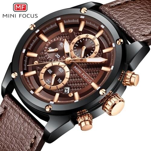 MINI FOCUS Chronograph Calendar Waterproof Quartz Watches Mens Sport Watch Top Genuine Leather Strap Date Display Wrist Watch