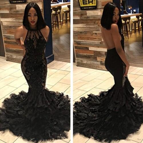 Black Halter Lace Mermaid Prom Dresses Long Sexy Open Back Tiered Train Sequined Formal Party Evening Gowns