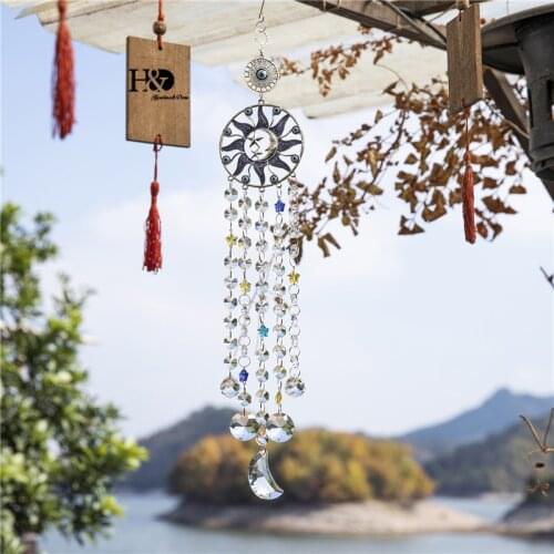 H&D Turkish Blue Evil Eye Moon Sun Star Suncatcher Rainbow Maker Crystal Wind Chimes Wall Hanging Blessing Proection Decor Gift