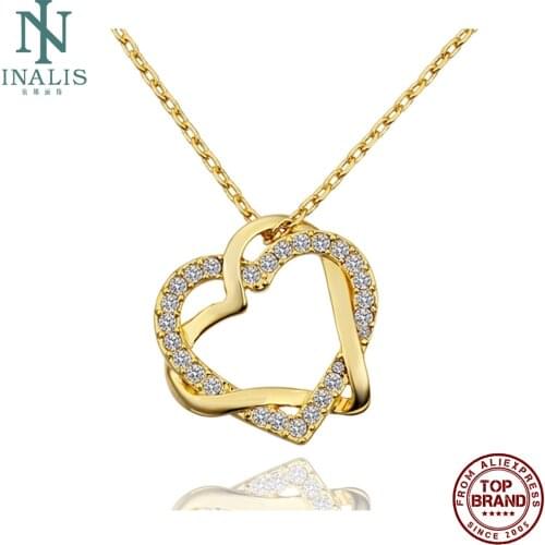 INALIS Golden Heart Shape Pendant Necklaces Creativity Charm Clear Rhinestone Tin alloy Necklace Fit Party Birthday Jewelry Gift