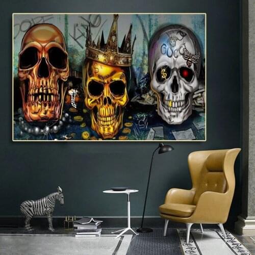 Golden Skull King Money Art Posters and Prints Canvas Painting Punk Cool Creativity Personality Wall Pictures Room Home Decor