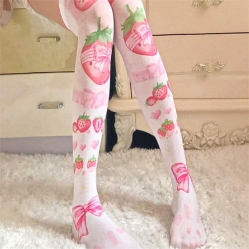 Sexy Women Printed Long Tube Stockings Fancy Cosplay Japanese Kawaii Over Knee Thin Stockings Lovely Pink Thigh High Stockings