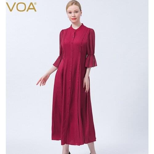 VOA Silk Jacquard Sunset Red Stand-up Collar Single Row Buckle Horn Sleeve Wedding Anniversary Gift Elegant Shirt Dress AE1017