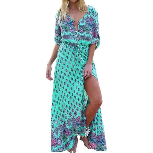 Beach Dress Women 2021 Spring Autumn Vintage Print New V-neck Mid-sleeves Botton Loose Bohemian Long Dresses Female LR1424