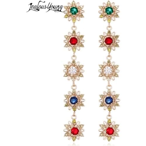 Luxury Gold Color Flower Shape Wedding Drop Earrings With Round Zircon Long Earrings Multicolor Bohemian brinco Indian Jewelry
