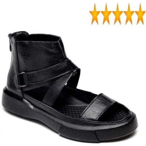 Platform Thick Bottom Fashion Summer Genuine Leather Sandal Solid Color Hollow Out Open Toe Zipper High-Top Women Shoes