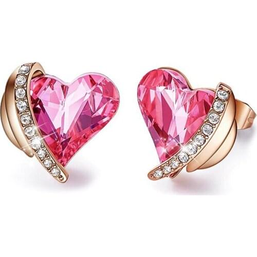 Romantic Pink Angel Wings Rose Gold Heart Stud Earrings For Women Red Gifts For Girlfriend/Mother