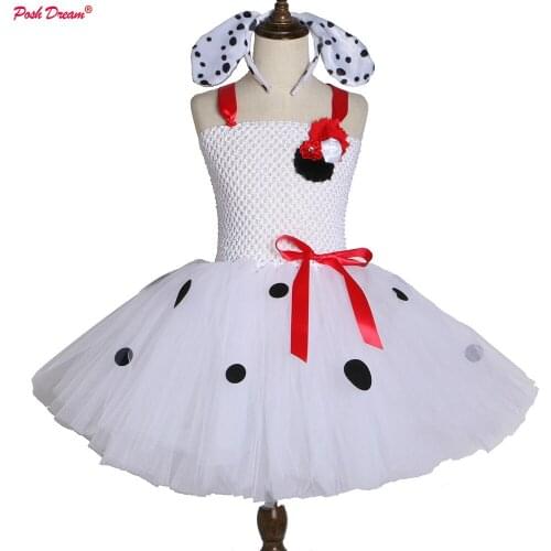 POSH DREAM Spot Dog Tutu Dress HairHoop White Children Festival Performance Party Dress Birthday Toddler Girls Handmade Dress