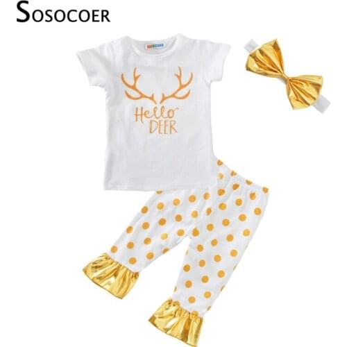 SOSOCOER Girl Clothing Set Hello Deer T Shirt+Polka Dot Pants+Bow Headband Baby Girls Clothes Summer Antlers Kids Clothing Sets