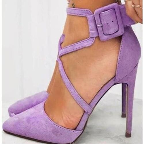 Lavender purple woman high heel pointed toe belt buckle dress shoes cross strap high heel woman Lavender shoes real photos