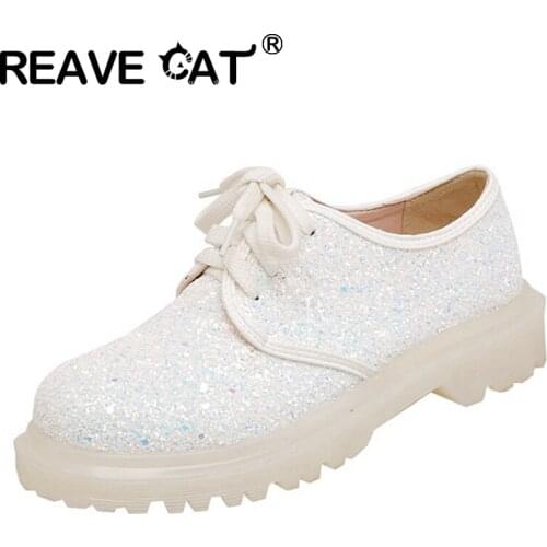REAVE CAT 2021 New Shiny Ladies Pumps Glitter Candy Colors Oxfords Lace Up 3.5CM Chunky Heel Shoes US11 12 Pink White Gold A4380