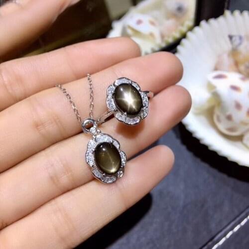 Natural black starlight sapphire jewelry sets natural gemstone ring Pendant 925 silver Stylish round Sun flower women jewelry