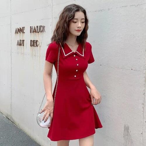 Korean style Chic Short Sleeve Button Women Mini Dress Turn-Down Collar Solid Color Ladies Dresses 2021 Summer Female Robe