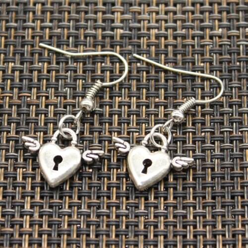 Antique Silver Color Color Fly Heart Lock Key Cross Heart Charm Drop Earring, Dangle Earrings For Womens