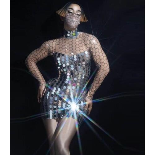 Shiny Silver Sequins Mirrors Short Dress tight Mesh long sleeve Singer Dancer party club Stage Costume designer dresses runway