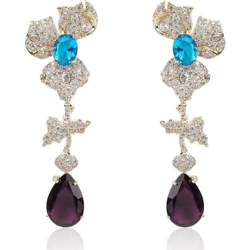 Flower Multicolor Cubic Zircon Earrings for Wedding, Crystals Drop Dangle Earring for Bridal Women Girl Party Jewelry CE10896