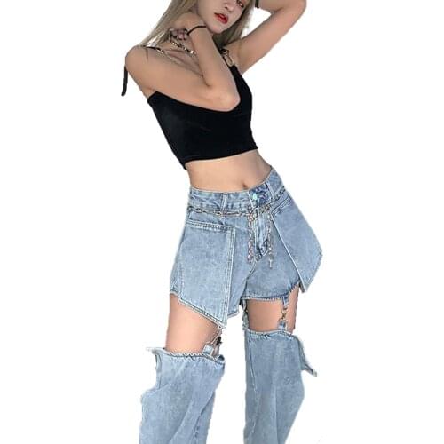 Women Multifunctional Straight-leg Pants, Blue Solid Color Detachable Jeans, XS/ S/ M/ L/ XL