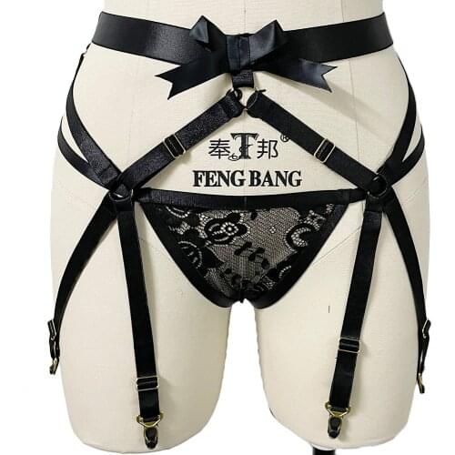 Lace Bow Women Stockings Garters Belt Fashion Perspective Sexy Harness Lingerie G-String Pantie Bondage Rave Body Cage Harness