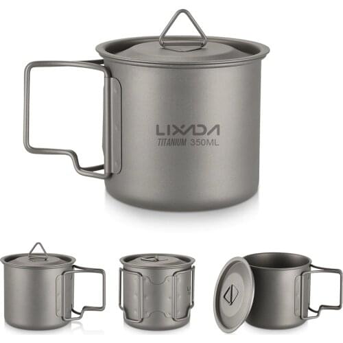 Lixada Titanium Mug Water Cup Pot + Folding Spoon Picnic Water Mug with Lid Handle 300/350/550/650ml Outdoor Camping Tableware