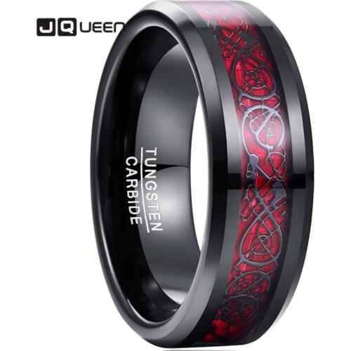 Jqueen Simple Tungsten Carbide Dragon Pattern Red Zircon Men Ring Wedding Bands Plating Black Color Carbon Fiber Ring Jewelry