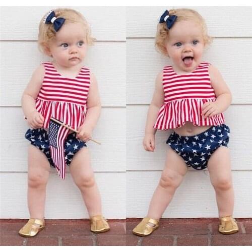 My 1st July 4th Baby Girl Striped & Stars Outfit pop Active Tops+Short Pants Summer Set 0-24M