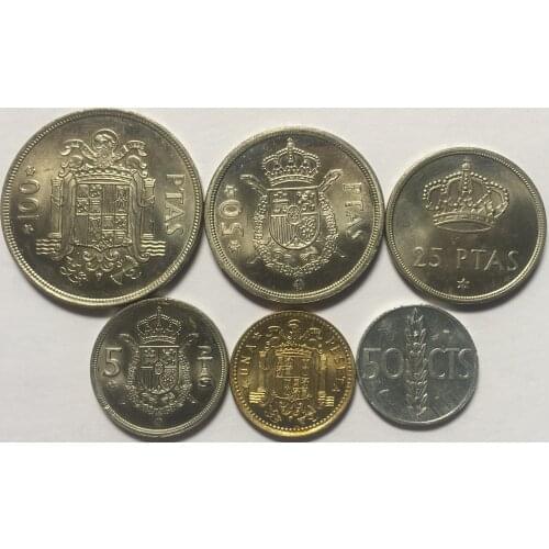 Spain 1975 set 6 pieces 50 points -1-5-25-50-100 peseta 100% Real Original Coins Genuine Collection Coins Unc