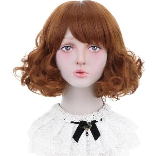 AICKER 13" Short Wavy Synthetic Lolita Cosplay Brown Hair Wigs for Women Daily Makeup with Side Bangs Heat Resistant