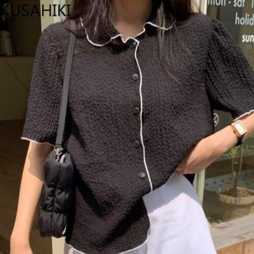 KUSAHIKI Chic Hit Color Blouse Tops Korean Puff Sleeve Turn-down Collar Blusa Shirt Causal 2021 New Sweet Camisas De Mujer 6K842