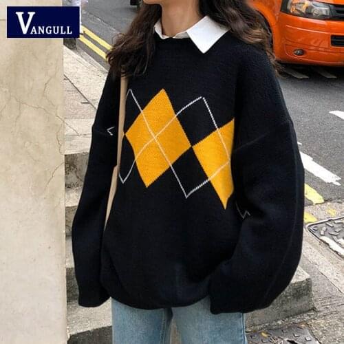 Vangull Patchwork Plaid Women Sweater Pullover 2021 Autumn Casual Basic Oversize Female Pullover Long Sleeve O-neck Lady Sweater