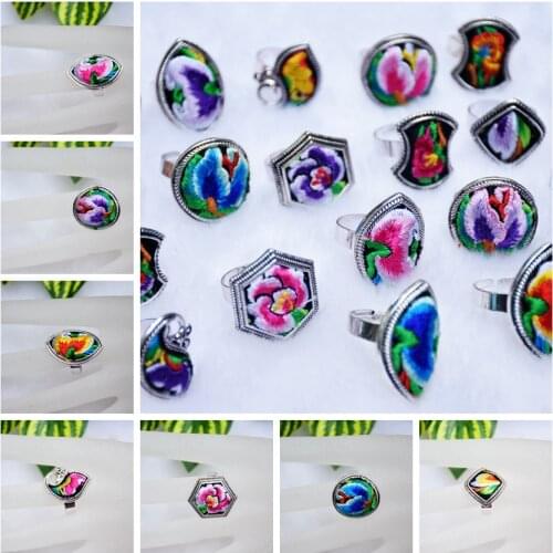 YunNan Ethnic Fashion Embroidery Patch Rings Vintage Miao Silver Womens Rings Original Unique Embroidery Rings