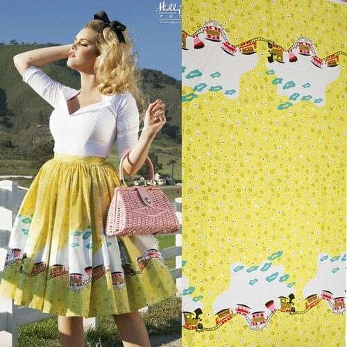 Train Printed Yellow Cotton Satin Fabric Natural Organic Parent-child Clothing Shirt Children Fabrics Cloth Home Textile