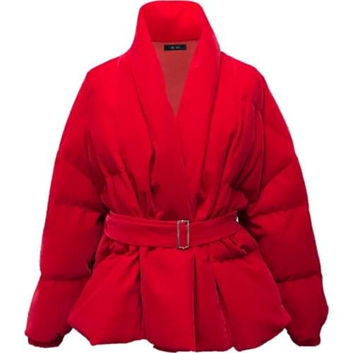 Women Winter Jacket V Neck Belted Warm Thick Cotton Padded Parkas Velvet Jacket Red Long Sleeve Short Casual Down Cotton Jacket